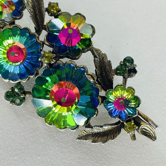 Vintage MCM Weiss Watermelon Rivoli Aurora Borealis Crystal Floral Brooch Pin - Picture 5 of 16